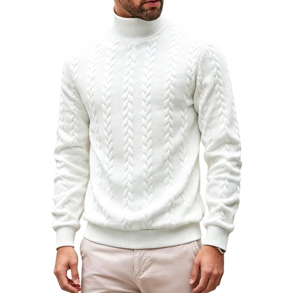 Men'S Mock Neck Vertical Cable Knit Long Sleeve Pullover Sweater White M