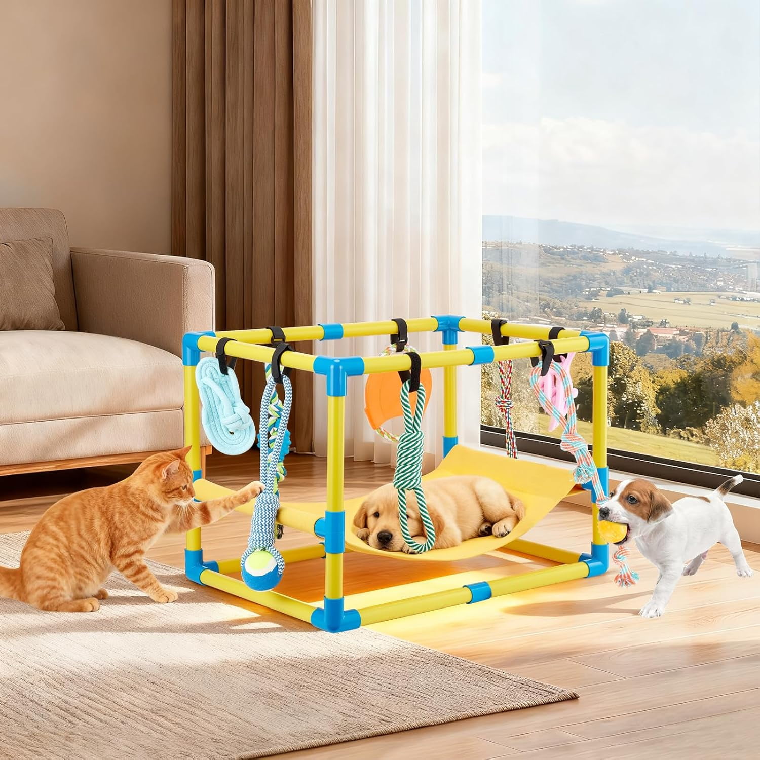 Flymer Puppy Play Gym with 8 Hanging Toys, Jungle Playground Gym for Small Dogs, PVC Frame with Hammock and Funny Enrichment Toys (23x17x17in)