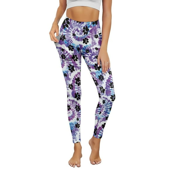 Renewold Paw Tie-dye Violet Blue Yoga Pants for Women with Pockets Full Length Workout Leggings High Waist Tummy Control Lounge Pants Activewear Fashion Womens Leggings, XS