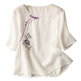thumbnail image 1 of Top de manga corta de lino vintage holgado bordado para mujer - Blusa informal con cuello en V, 1 of 3