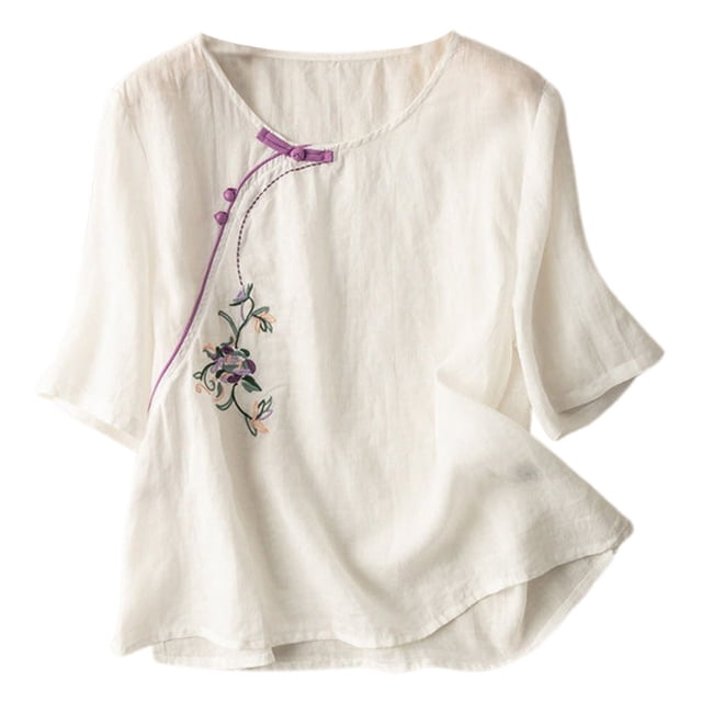 Top de manga corta de lino vintage holgado bordado para mujer - Blusa informal con cuello en V