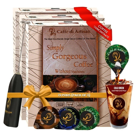 Caffè di Artisan Single Serve Organic Strong Liquid Coffee Concentrate Pods - Grand Cru Combo Pack - 72 Capsules- Free Frother on your 1st order!