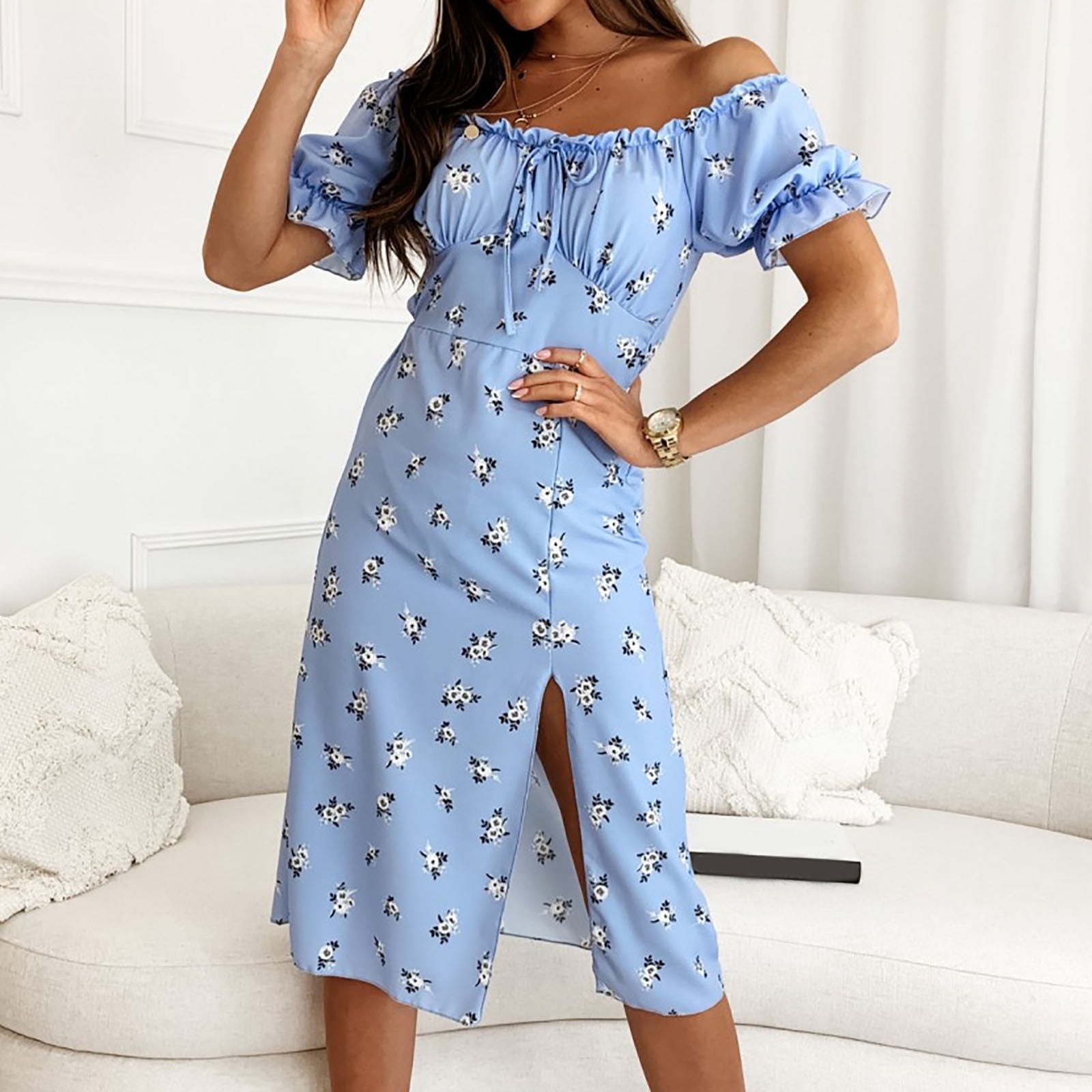 Blue off the shoulder dress with flowers online