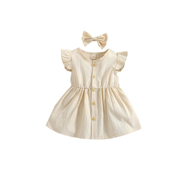 Honganda Robe à Col Rond pour Fille, Jupe à Manches Volantes Couleur Unie pour Enfants