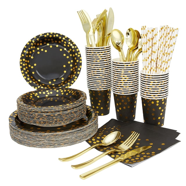 200 Unids Set De Vajillas Desechables Set Placas Placas Tazas Tazas Servilletas Partido Suministros Negro Sunnimix Vajilla desechable