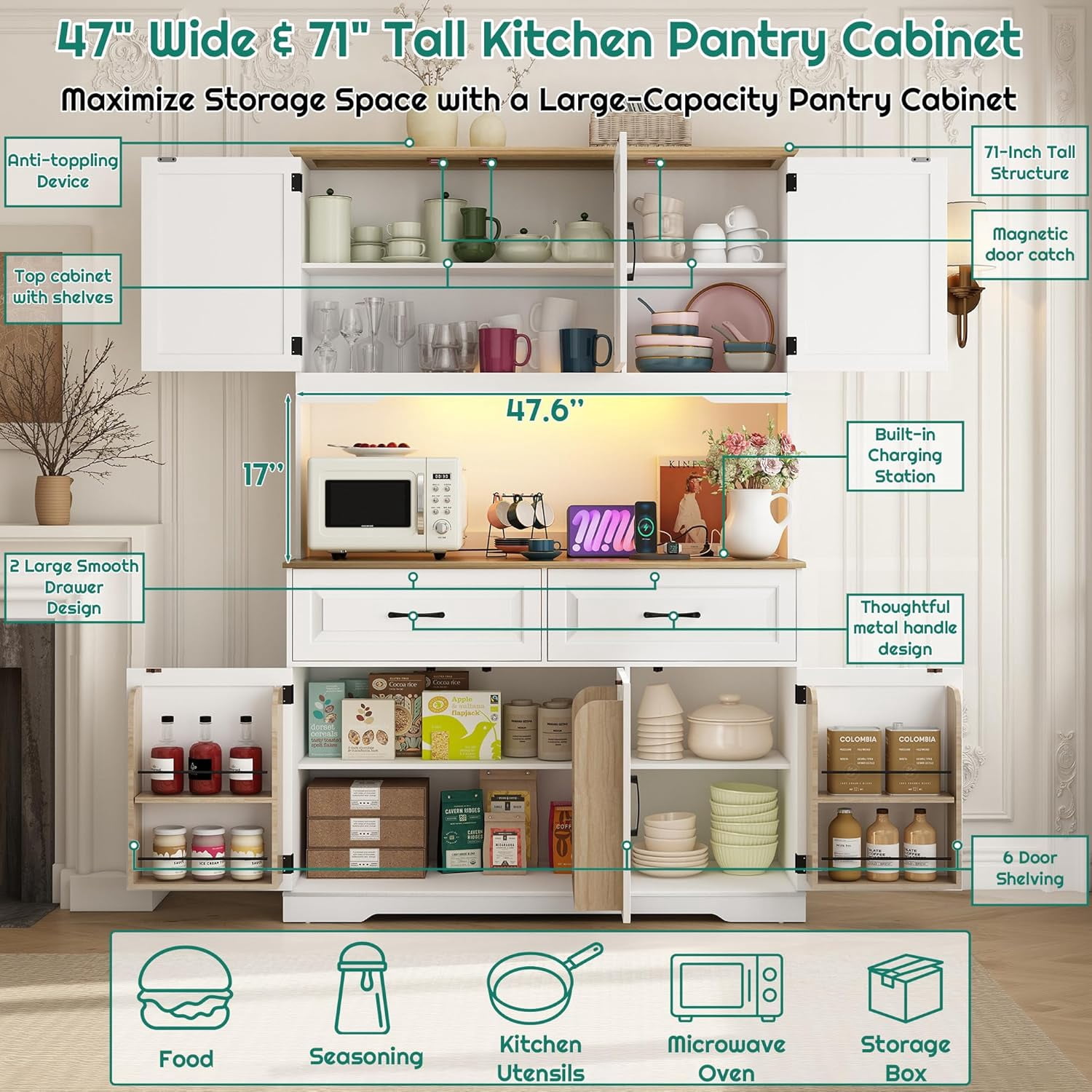 71" Tall Kitchen Pantry Cabinet with 6 Doors Shelves & Led Lights & Charge Station, 47" Wide Freestanding Farmhouse Cupboard with 2 Drawer,6 Doors Storage,Adjustable Shelves,Open Countertop, White