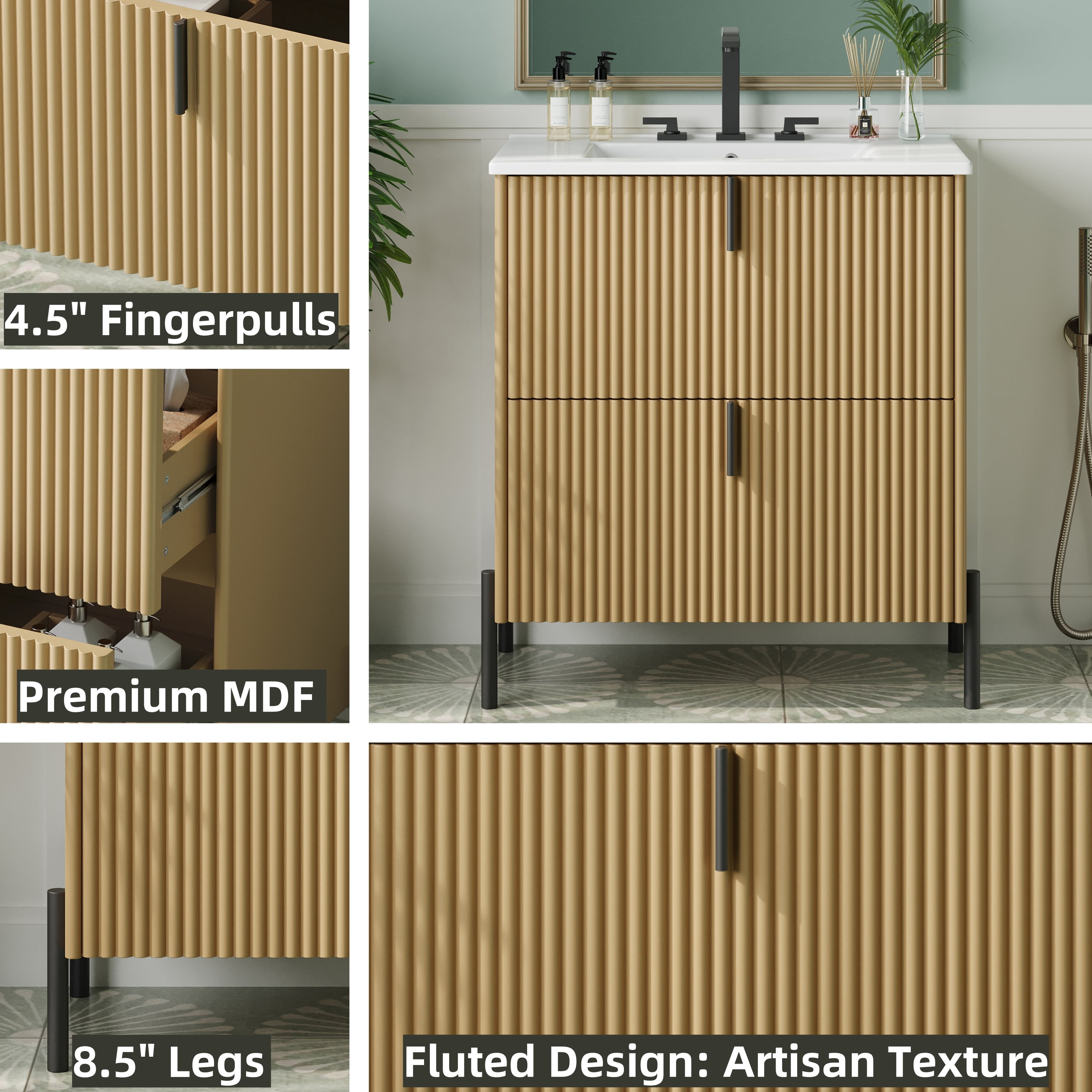 Euroco 30" Bathroom Vanity with Ceramic Sink, Equipped with Vertical Pulls and Full-Extension Drawers, Freestanding Bathroom Vanity with Soft Close Drawer Slides, Fluted Design, Natural