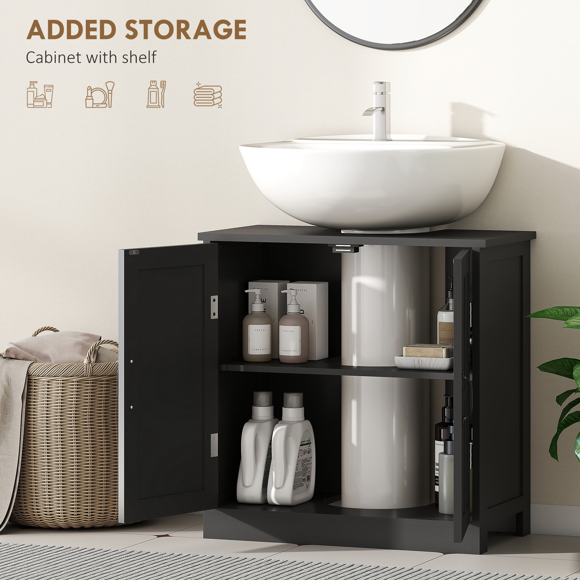 Black Under Sink Bathroom Cabinet, Double-Door Storage Cabinet with U-Shaped Cutout & Adjustable Shelf, Anti-Tipping Design for Bathroom Organizer