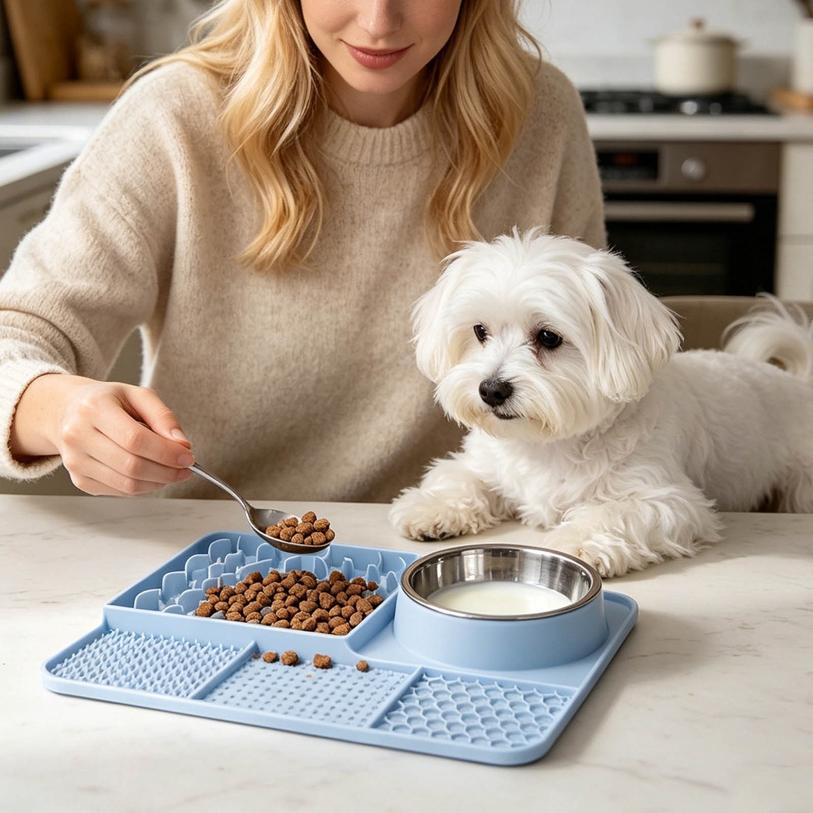Licking Pad 5âInâ1 Silicone Slow Feeding Mat Suction Cup Antiâ Feeder Detachable Stainless Steel Bowl StressâRelief Set For Cats Dogs Puppies Daily Use 13.0 x 9.8 in Sky Blue