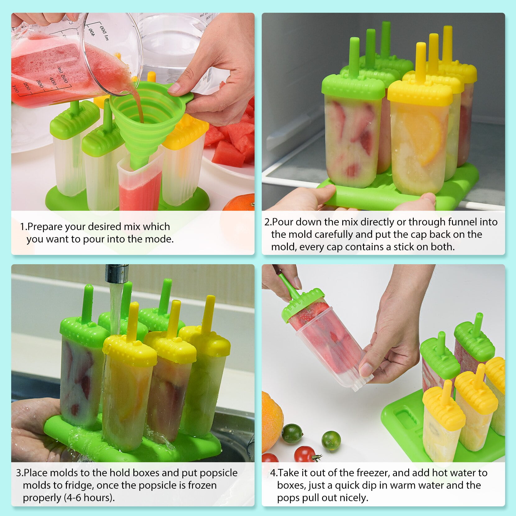 BAKHUK Popsicle Molds 3 Sets Ice Pop Molds Ice Pop Maker with Funnel and  Brush, 3 Colors, Reusable Easy Release Ice Pop Maker, Homemade Popsicle