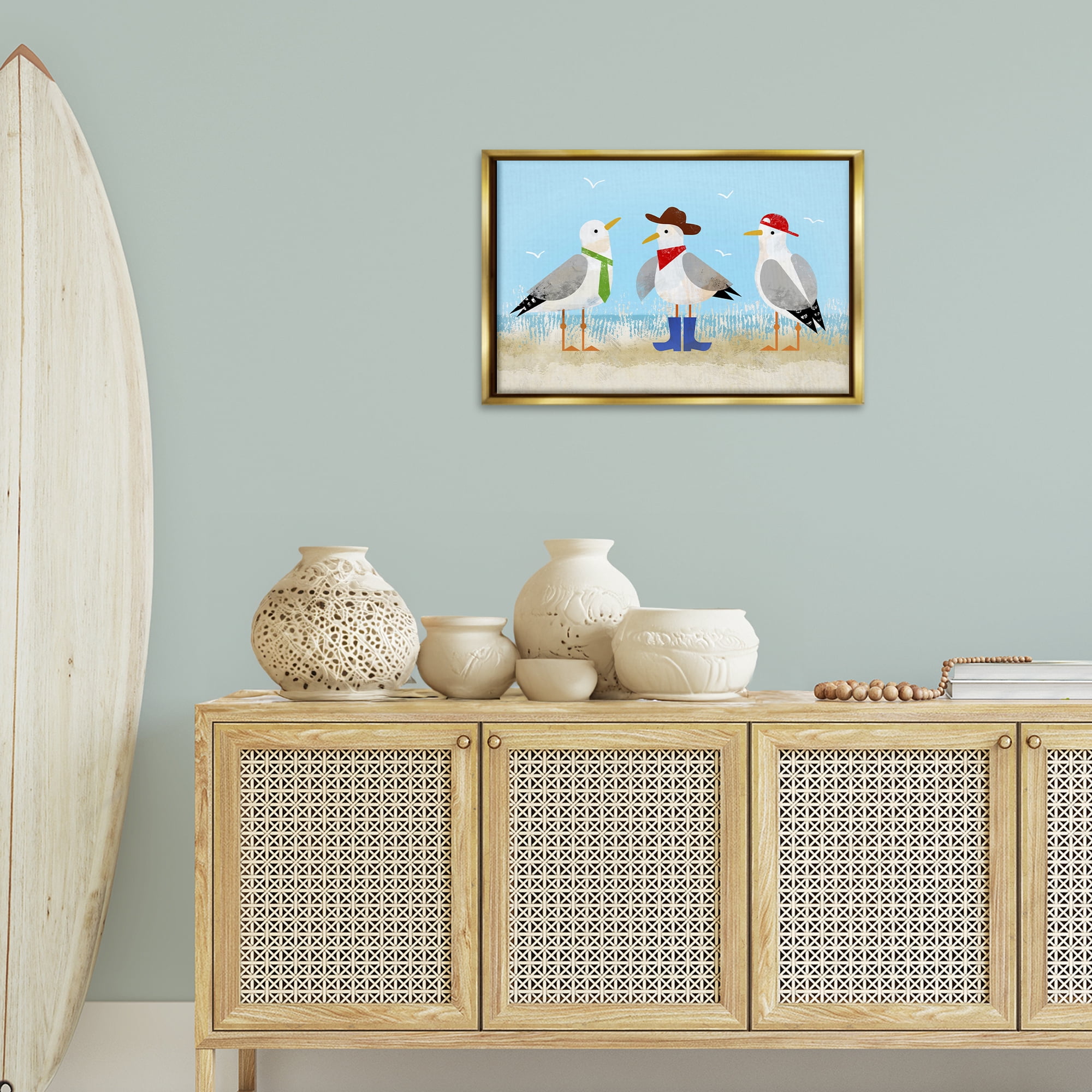 Stupell Industries Dressed Seagulls on Beach Animals Painting Gold Floater Framed Canvas Art Print Wall Art, 25 x 17