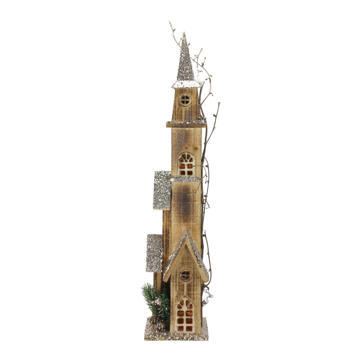 28" LED Lighted Tall Rustic Brown Wooden Church Christmas Decoration