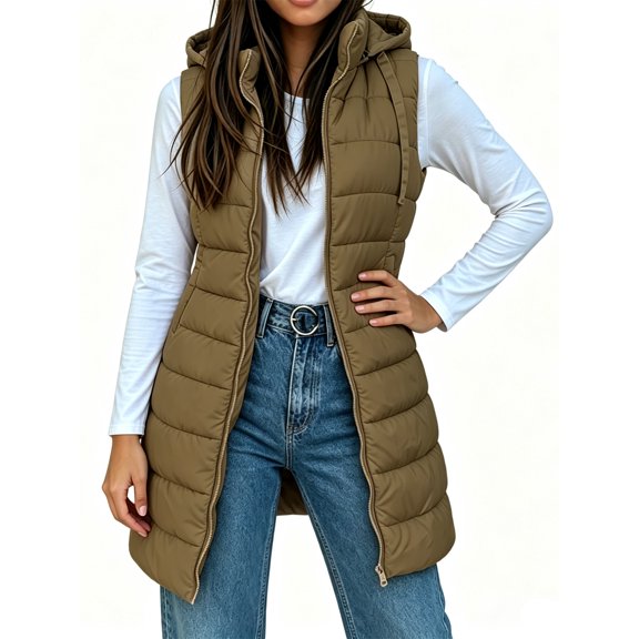 Fall Winter Women Sleeveless Long Vest Hooded Puffer Zipper Outwear Vest
