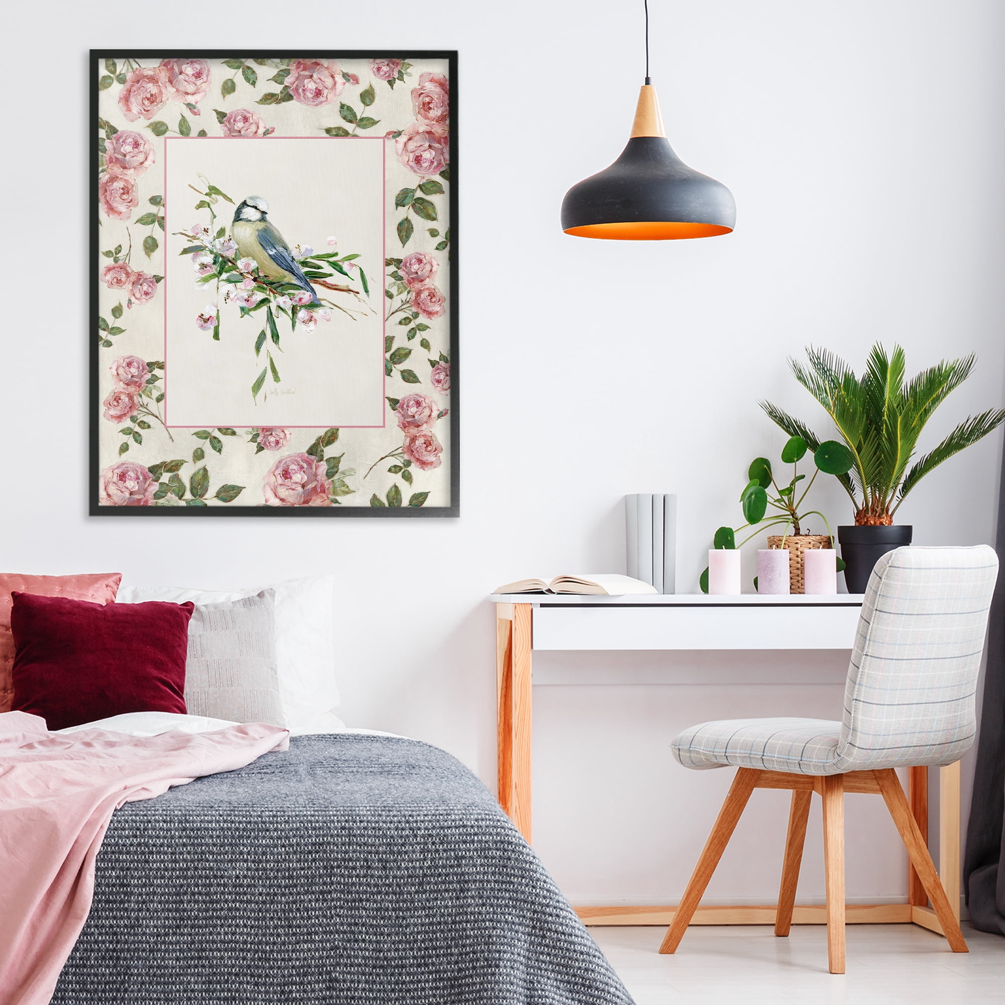 Stupell Industries Dainty Roses & Perched Bird Black Framed Giclee Art, design by Sally Swatland