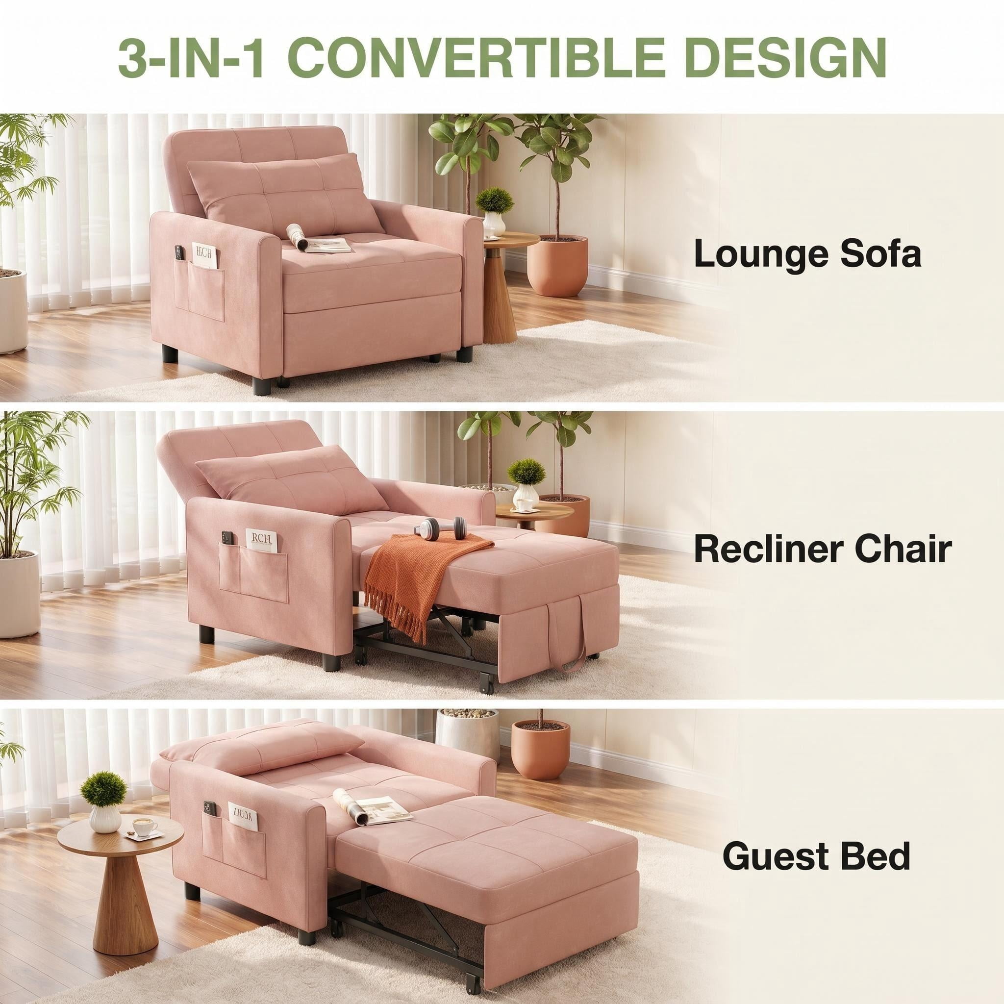 Sleeper Sofa, Lofka 3 in 1 Convertible Single Sofa Bed with Pull Out Couch for Living Room, Apartment,Pink
