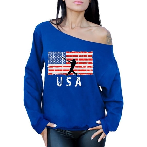Awkward Styles Baseball USA Off Shoulder Sweatshirt USA Pride Vintage USA Women Sweater Love USA Retro USA Sweatshirt for Women 4th of July Party USA Baseball Off Shoulder Sweatshirt