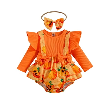 

Amuver Newborn Girl Halloween Outfits Long Sleeve Plaid/Pumpkin Printed Patchwork Ruffles Decor Romper + Bow-Knot Headband Set