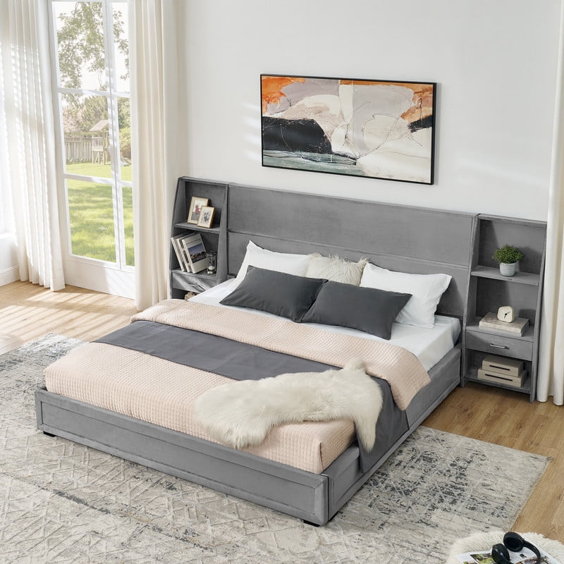Queen/King Size Modern Upholstered Platform Bed Frame, Velvet Storage Bed with Headboard, Side Bookcases & Drawers Nightstand