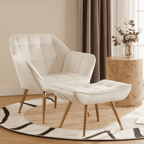 Guyou Velvet Accent Chair with Ottoman - 32" Wide Plush Lounge Chair for Living Room, Round Tufted Back Armchair, Beige Cozy Reading Chair