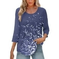 thumbnail image 6 of BangWanChi Women's New 3/4 Sleeve Round Neck Cover Casual Pleated Tunic Top Curved Hem Printed Fashion Tops, 6 of 6