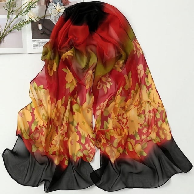Nvzi Elegante bufanda cuadrada, nueva bufanda de gasa, moda de primavera, bufanda fina con estampado, decoración, chal protector solar, 1 pieza (negro y rojo)