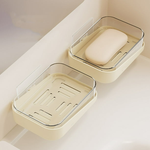 Soporte para jaboneras con ventosa de color crema | Rack de pared engrosado no perforado | Caja de jabón de plástico autodrenante | Uso en el baño o la cocina | 13x11x3,5cm