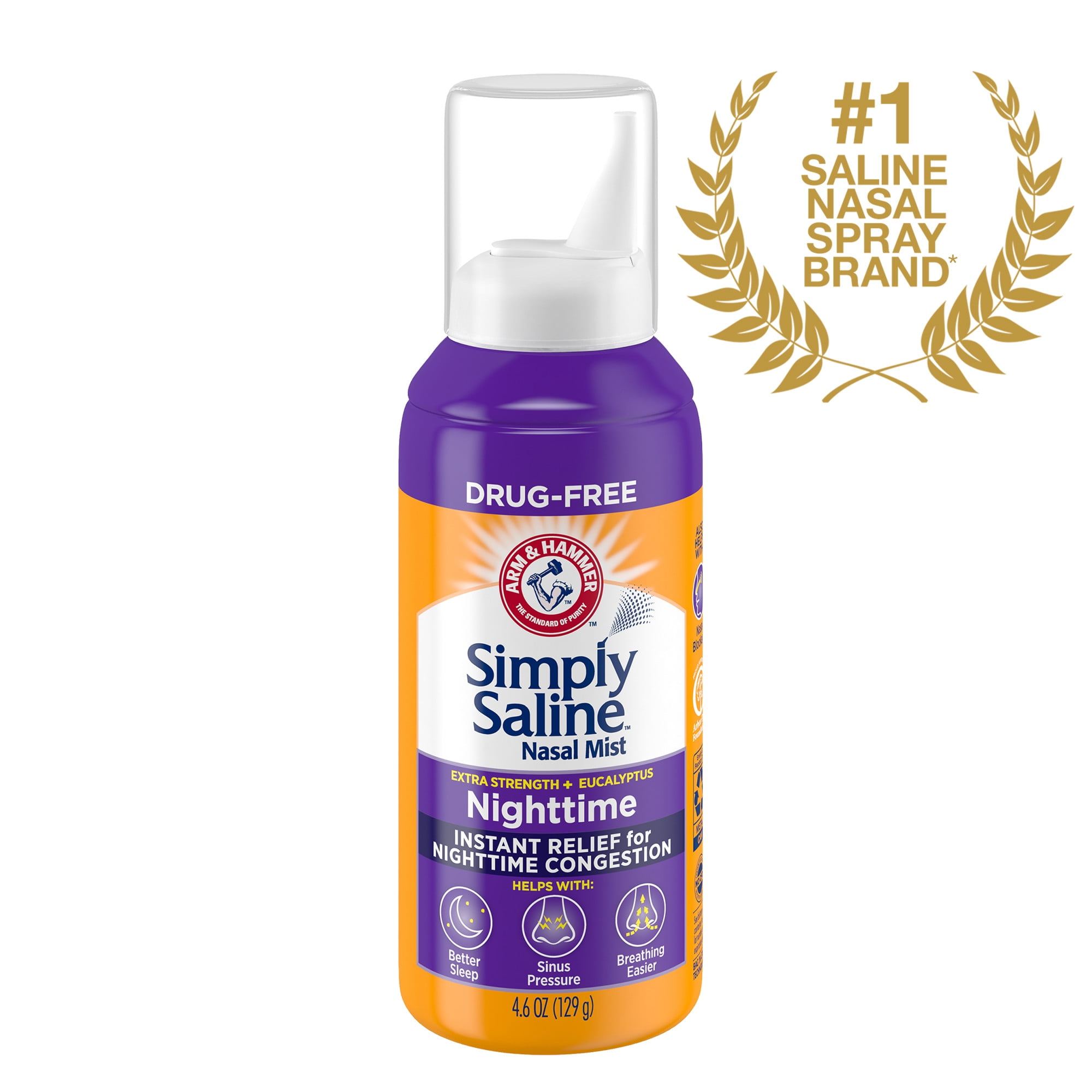 (4 pack) ARM & HAMMER Simply Saline Nighttime Drug-Free Mist for Nasal Congestion at Night, Extra Strength, Calming Eucalyptus, Safe to Use with Rx and OTC, For Adults and Kids Ages 2+, 4.6 oz (129 g)