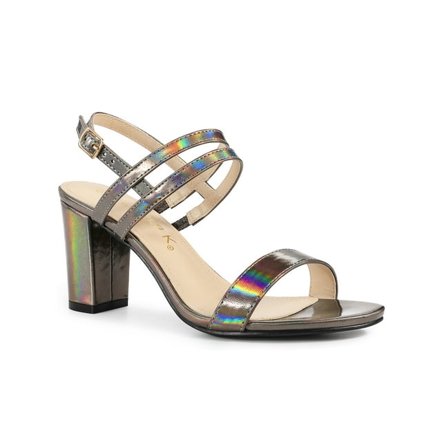 BLISSFUL STEP Women's Slingback Block Heel Ankle Strap Sandals Gunmetal 7