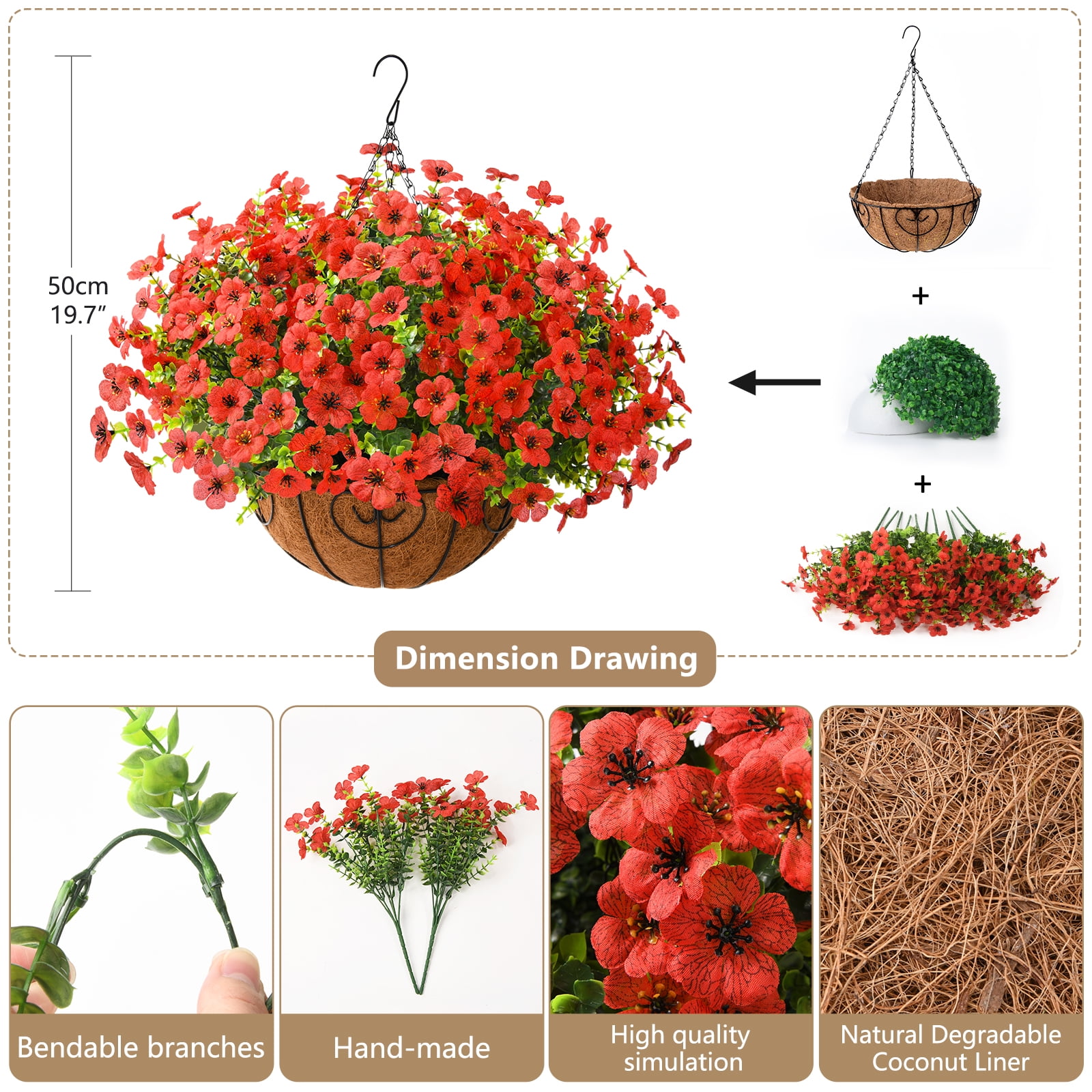 Artificial Faux Hanging Plants Flowers Basket Outdoor Porch Garden Summer Decoration,Fake Silk Daisy in Planter Realistic UV Resistant for Outside Home Patio Balcony Yard(Red)