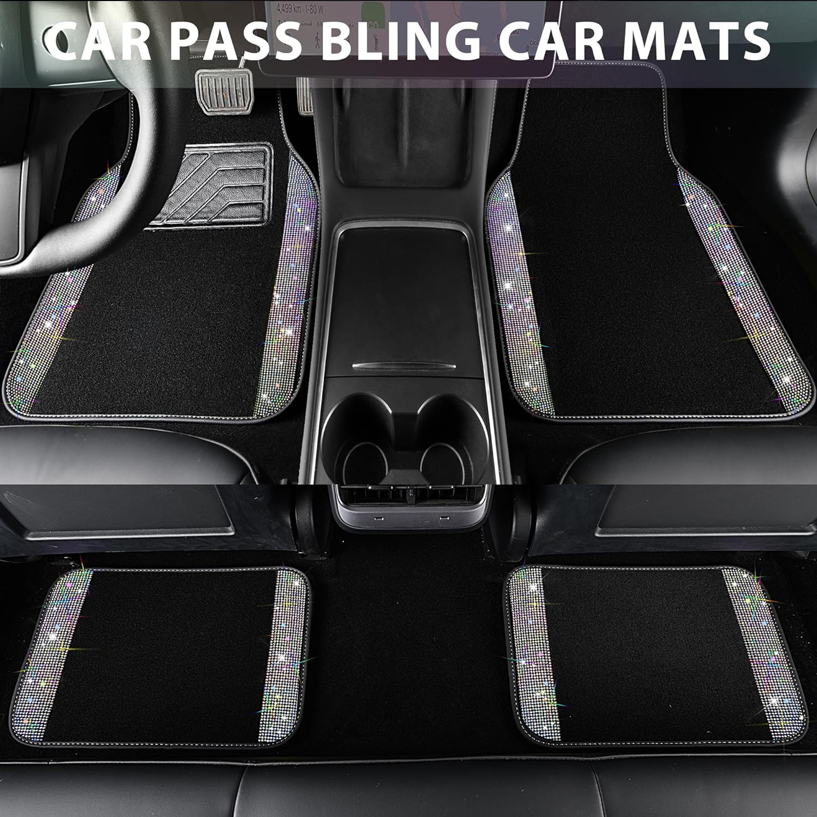 Car-Grand Bling Rhinestone Diamond car floor mats shining carpet sparkly glitter crytal with anti-slip heel waterproof universal fit cute girl women 4pcs Multi-color