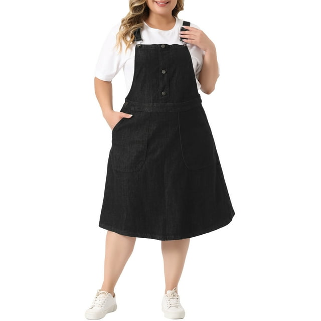 Vestidos de Mezclilla para Mujeres de Talla Grande Agnes Orinda con Botones y Tirantes Ajustables Midi 3X Negro