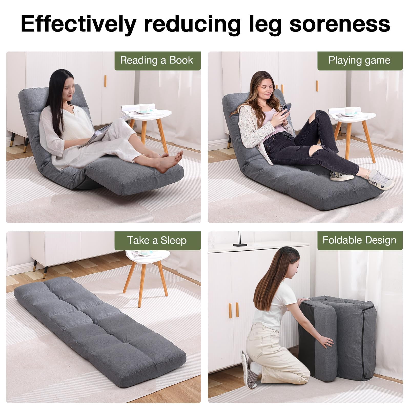 Floor Chair with Footrest Adjustable Backrest with 14 Positions Footrest 5-Position Adjustment Foldable Floor Gaming Chair for Easy Storage Linen Fabirc Chaise Lounge