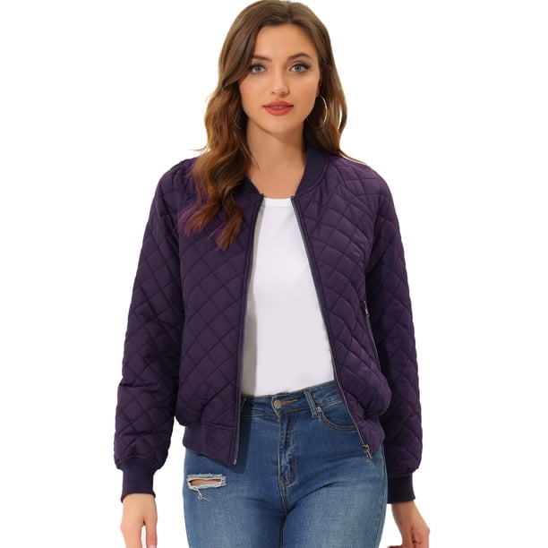 Chaqueta bomber acolchada con cremallera y mangas largas raglán para mujer con bolsillos Morado Oscuro XS