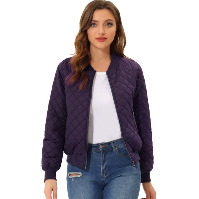 Chaqueta bomber acolchada con cremallera y mangas largas raglán para mujer con bolsillos Morado Oscuro XS