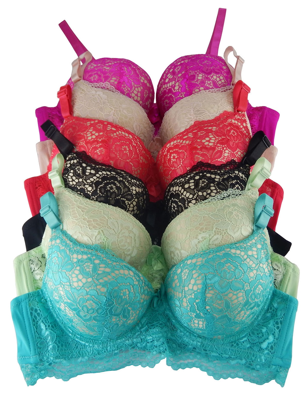 Women Lace Bras 6 pack of Lace Double Pushup Bra B cup C cup, Size 36B  (9329)