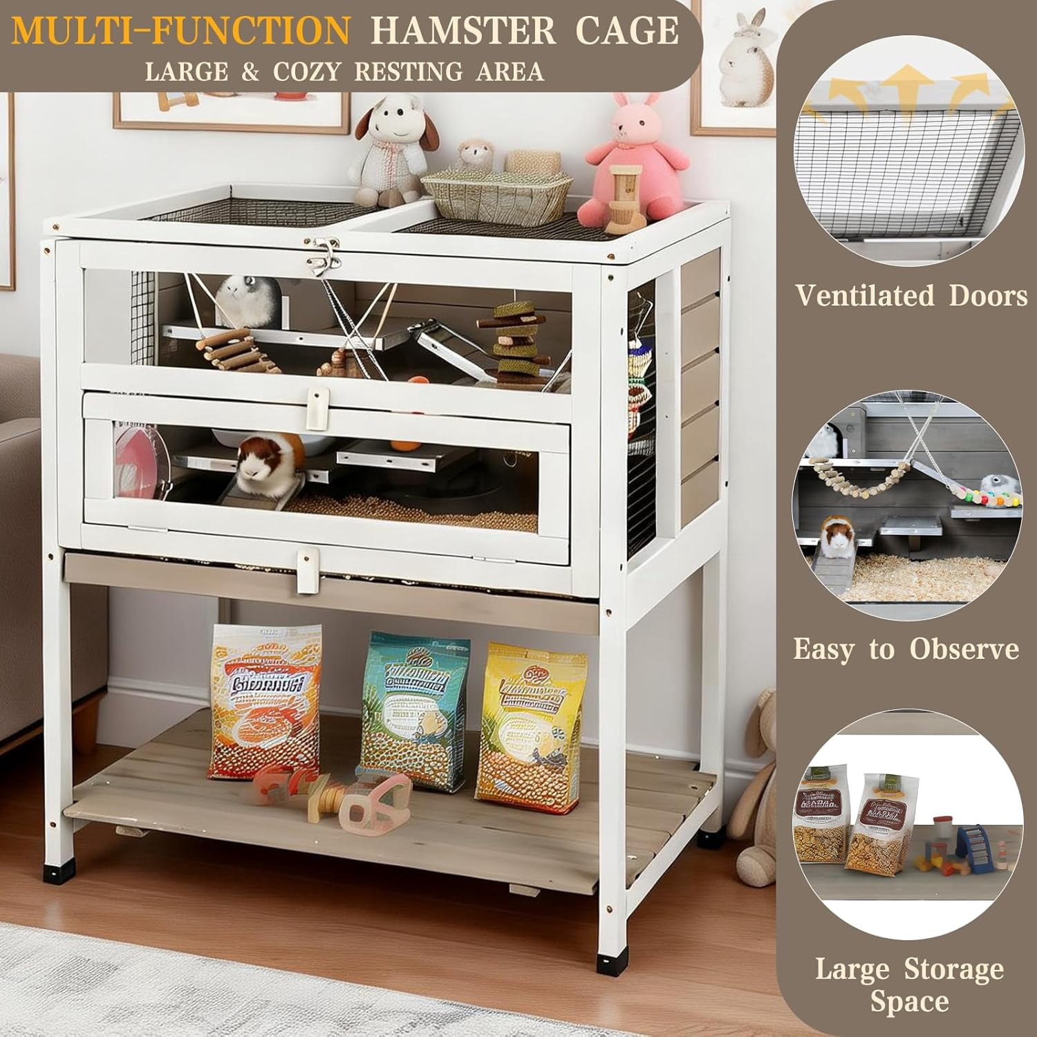 LEHOME Wooden Hamster Cage Indoor with Stand and Storage Shelf, 3-Tier Small Animal Habitat with Clear Front Window, Openable Top, Anti-Chew Ramps, Hideout House, Deep Pull-Out Tray Guinea Pig cage