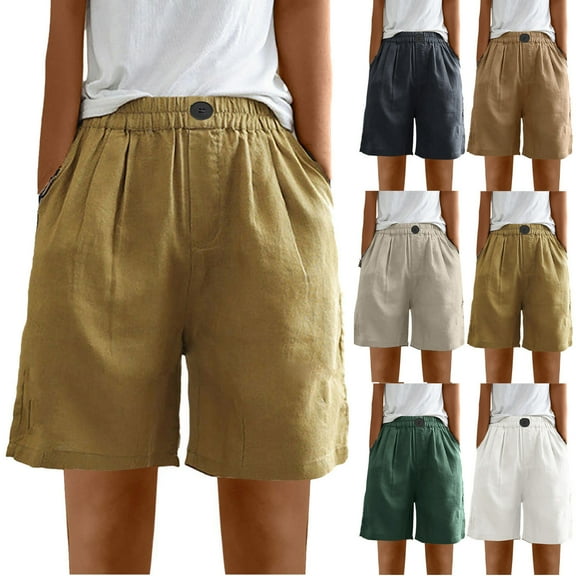 CFLVAEK Summer Shorts Women with Pockets Plus Size Elastic High Waist Cotton Linen Short Loose Solid Color Lounge Shorts Beige L