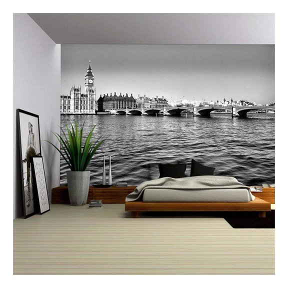 wall26 - Westminster Bridge Panorama View in London, UK - High Dynamic Range HDR - Black and White - Removable Wall Mural | Self-Adhesive Large Wallpaper - 100x144 inches