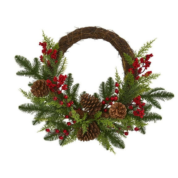 22 Mixed Pine and Cedar with Berries and Pine Cones Artificial Wreath