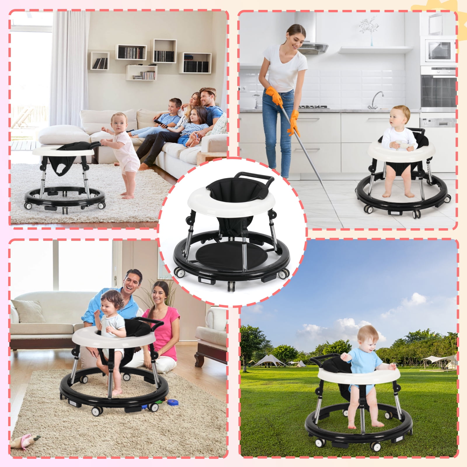 Baby Walker for 6-18 Months - One-Touch Foldable Design, 9 Adjustable Heights, Non-Slip Wheels with Removable Activity Tray, Black