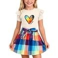 thumbnail image 2 of SGFCWSX Girls 2 Piece Outfits Ruffle Short Sleeve Heart Print Tops Belted Plaid Skirt Summer Casual Clothes Set Beige Size 4T, 2 of 8