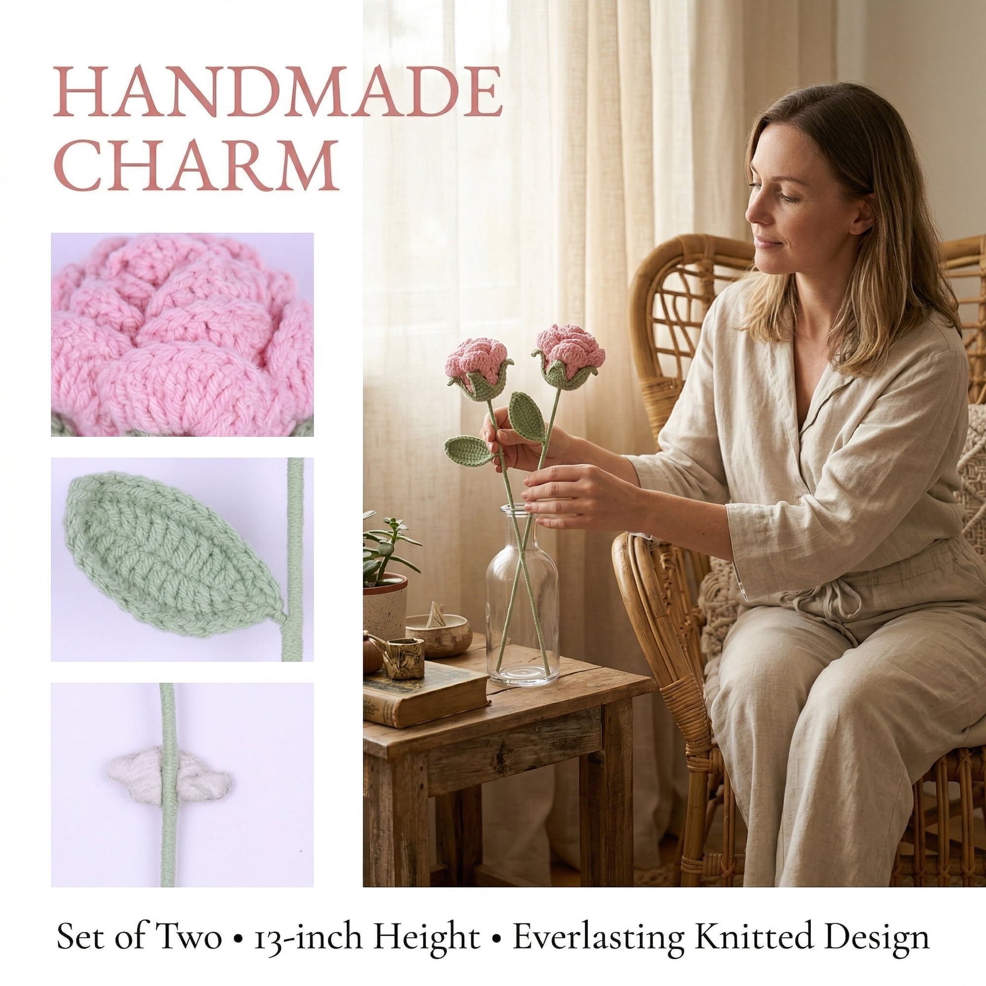Unique Bargains 2Pcs Handmade Crochet Long Stem Realistic Fake Roses Pink