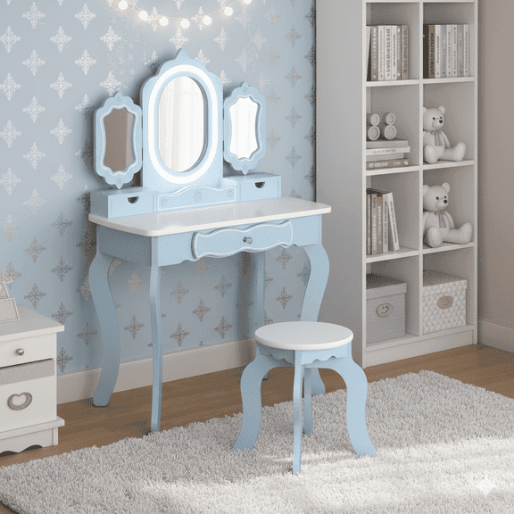 Brinjoy Vanity Set Study Center for Girls, Features Detachable 180° Mirror Snowflake Theme with Storage Drawers for Imaginative Play, Easy Assembly