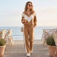 thumbnail image 4 of Szluipve Women’s Color Block Tracksuit 2 Piece Outfits Half Zip Stand Collar Chevron Patchwork Sweatshirt & Side Stripe Wide Leg Pants Casual Loungewear Set Khaki 2XL, 4 of 7
