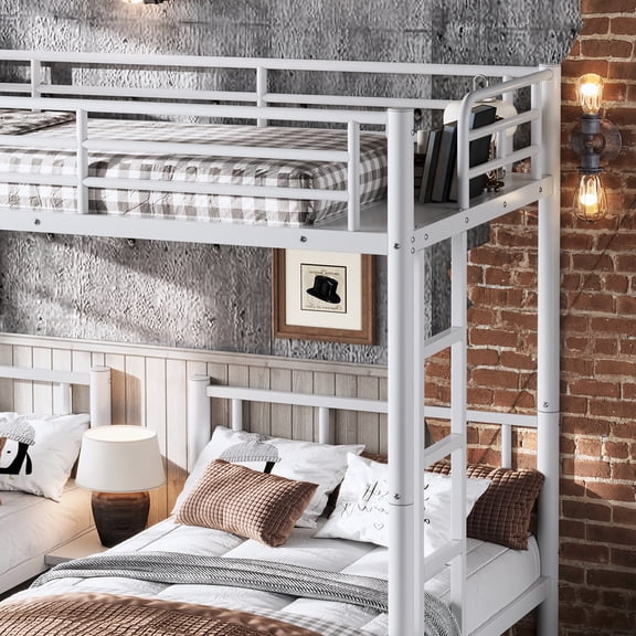 Space Saving Triple Bunk Bed for 3 , Twin over Twin & Twin with Shelf and Table, White Metal Bunk Beds for Bedroom Furniture