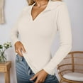 thumbnail image 2 of Plus Size Women's Ribbed Knit Polo Shirt Slim Fit Stretchy Long Sleeve V Neck Lapel Solid Color Sweater Lightweight Casual Office Tops Beige L, 2 of 5