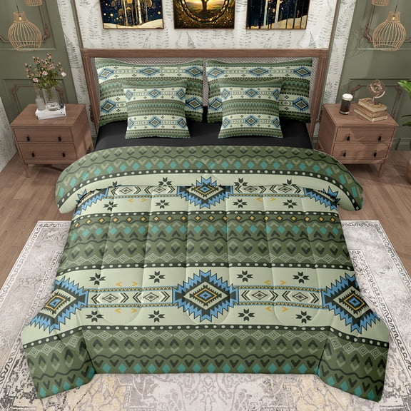 Feelyou Retro Hippie Aztec Twin Bedding Sets 7-Piece for Men, Green Stripe Triangle Bedding Comforter Set, Mandala Bohemian Cowgirl Reversible Sheet Sets, Super Cozy Room Decor