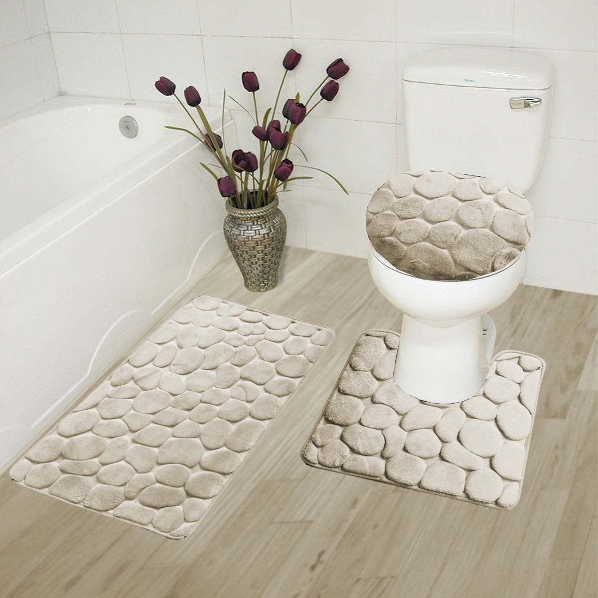 3PC ROCK TAUPE Bathroom Rug Set, Banded Bath Mat Rug 18"x 29", Contour