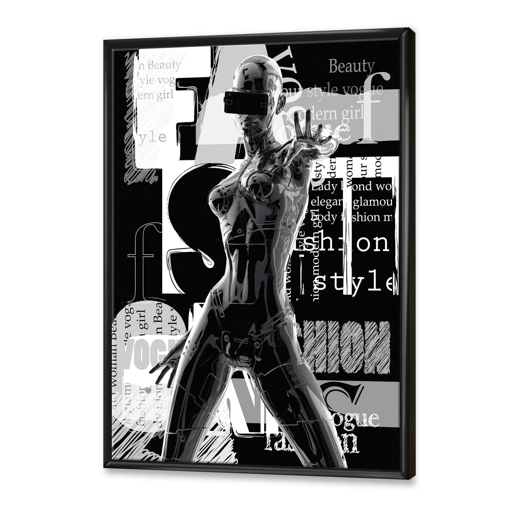 Designart 'Black and White Cyborg Body II' Modern Framed Canvas Wall Art Print