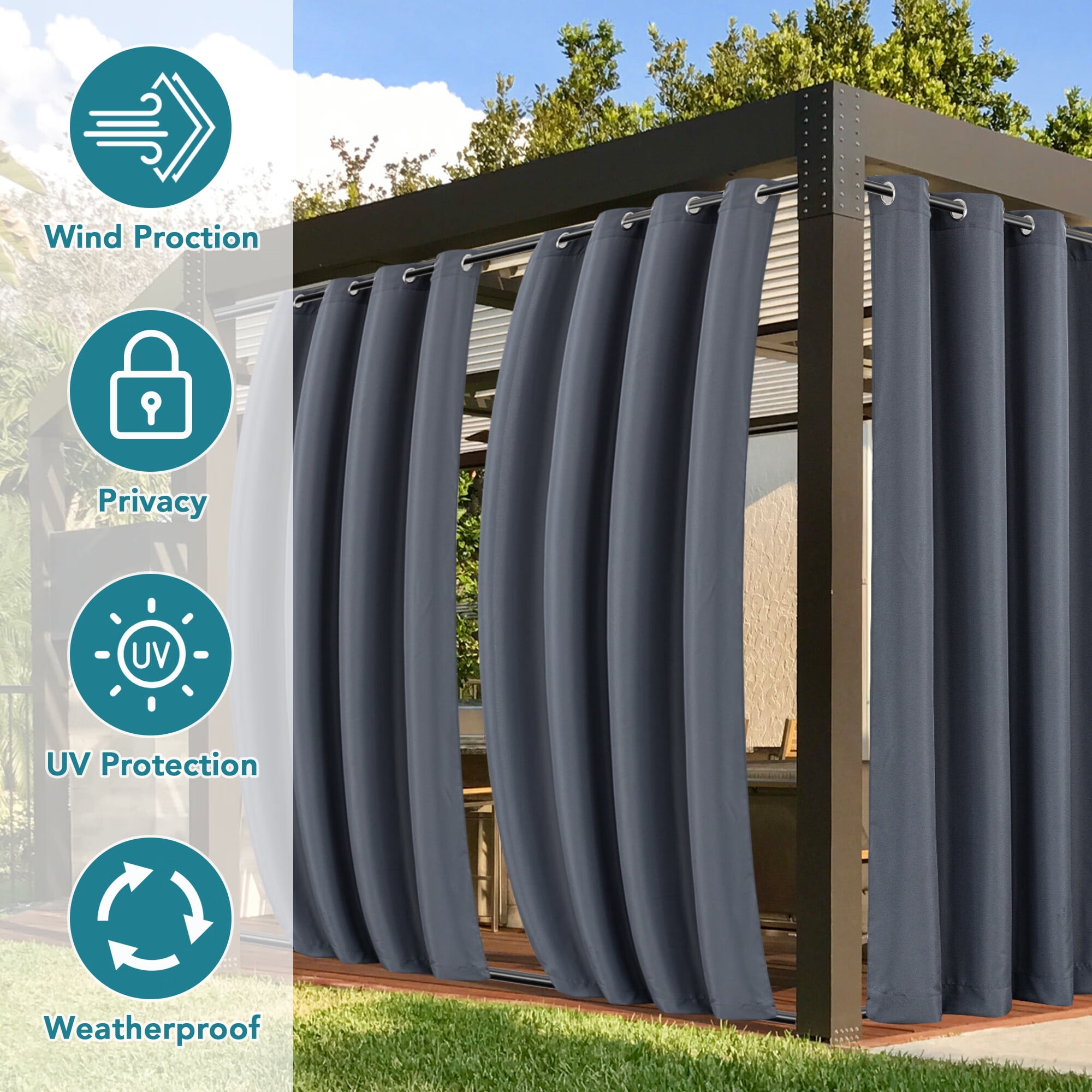 LUSHVIDA Outdoor Curtains for Detachable Sticky Tab Top Patio Waterproof Outside Curtains for Gazebo, Porch, Pergola, Privacy Curtain, 54 x 108 inch, 1 Panels, Grey